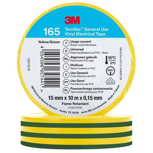 Nastro isolante Temflex 165 10m x 15mm verde/giallo,