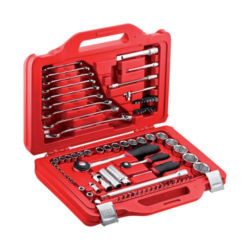 Assortimento in cassetta modulare con bussole esagonali e chiavi combinate (82 pz),