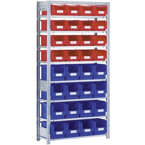 Scaffalatura con 32 vaschette a becco in blu e rosso,