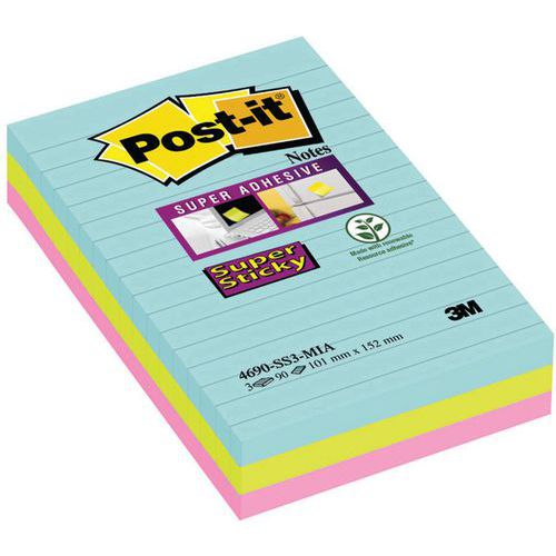 3 blocchetti Super Sticky Post-it® a righe 101x152 assortiti,