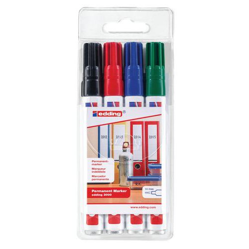 Set da 4 pennarelli indelebili Edding 3000 colori assortiti,
