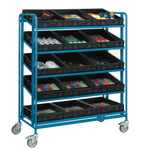 Carrello portata 250 kg 1225x610 mm 5 ripiani in lamiera + 15 contenitori,
