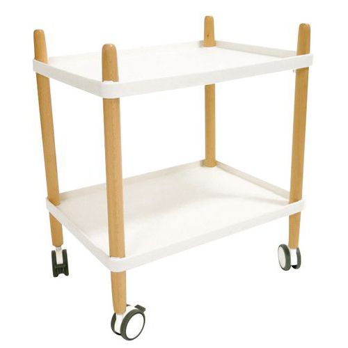 Carrello a 2 ripiani, gamba in faggio e ripiani bianchi,