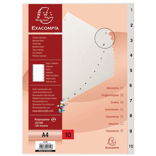 Set di 10 intercalari stampati numerati in pp bianco A4,