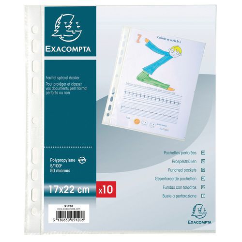 Confezione da 10 buste perforate in PP formato scolastico 17 x 22 cm,