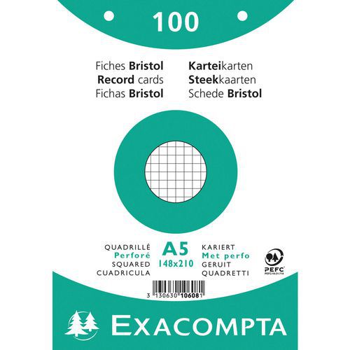 Confezione da 100 schede bianco pellicola a quadretti perforate 148 x 210 mm,