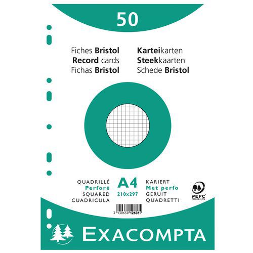 Confezione da 50 schede bianco, con pellicola, a quadretti 5 x 5, perforate, 210 x 297 mm,
