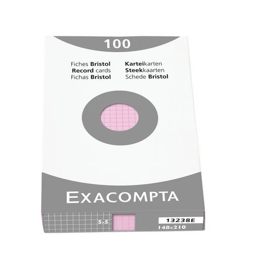 Confezione da 100 schede rosa a quadretti 5 x 5 non perforate da 148 x 210 mm,