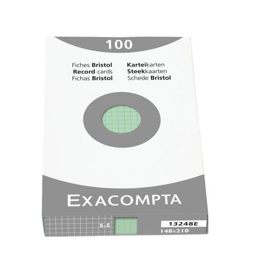 Confezione da 100 schede verde a quadretti 5 x 5 non perforate da 148 x 210 mm,