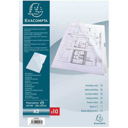 Confezione da 10 bustine angolari in PP rigido A3 verticale Crystal,