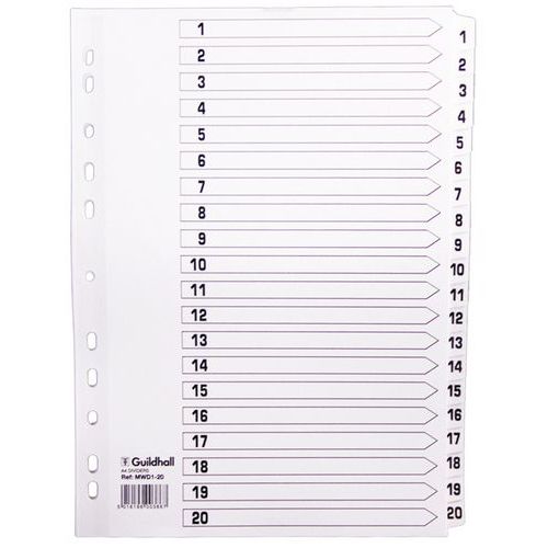 Set di 20 intercalari con linguette plastificate da 1 a 20, A4 Bianco,
