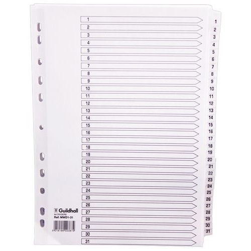 Set di 31 intercalari con linguette plastificate da 1 a 31, A4 Bianco,