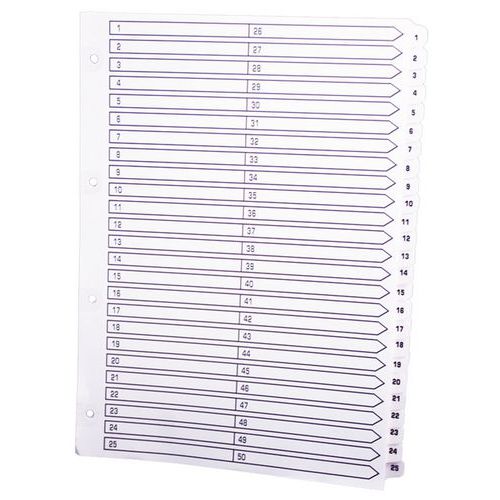 Set di 50 intercalari con linguette plastificate da 1 a 50, A4 Bianco,