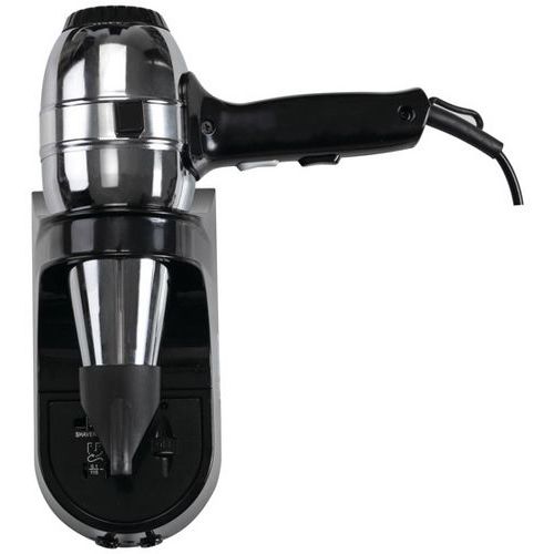 Asciugacapelli con base a muro e presa rasoio per uso alberghiero Acciaio inox AISI 430 Nero Brillante 1300 W,