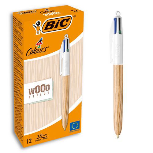 Lotto di 12 penne BIC 4 colori a scatto Wood Style,