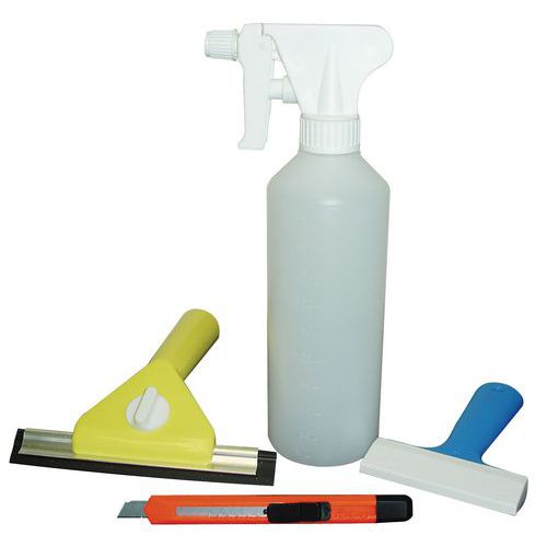 Kit di posa 1 raschietto+1 taglierino 1 spatola in plastica+1 spruzzatore,