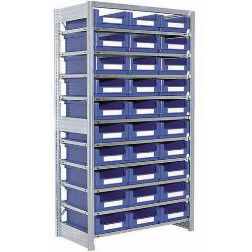 Scaffalatura a ripiani con 30 contenitori a becco RK,