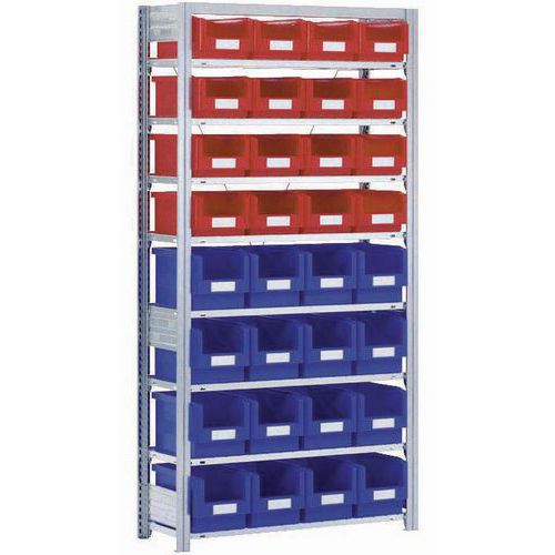 Scaffalatura a ripiani con 32 contenitori a becco RK,