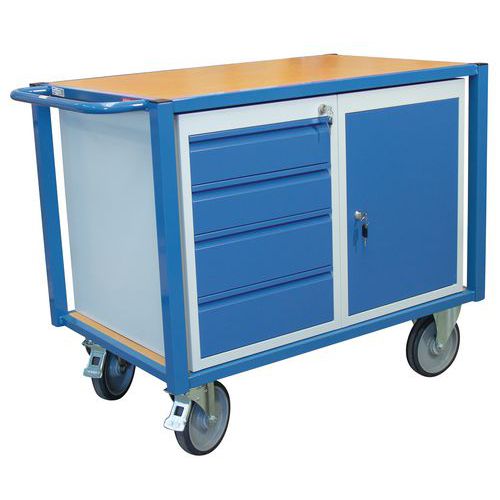 Carrello con ripiano con 1 armadietto e 1 cassettiera - Portata 500 kg,