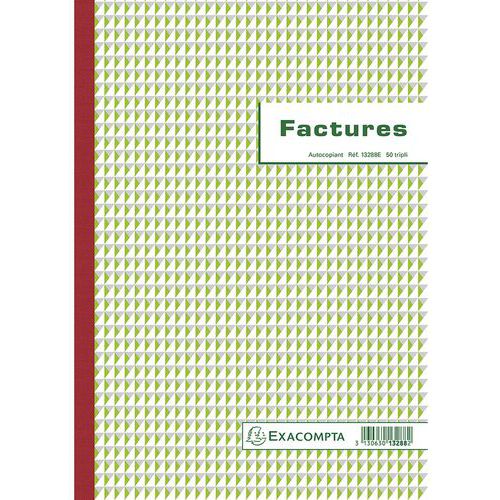 Blocchetto Fatture, 29,7 x 21 cm, con 50 foglietti di carta autocopiante in triplice copia,