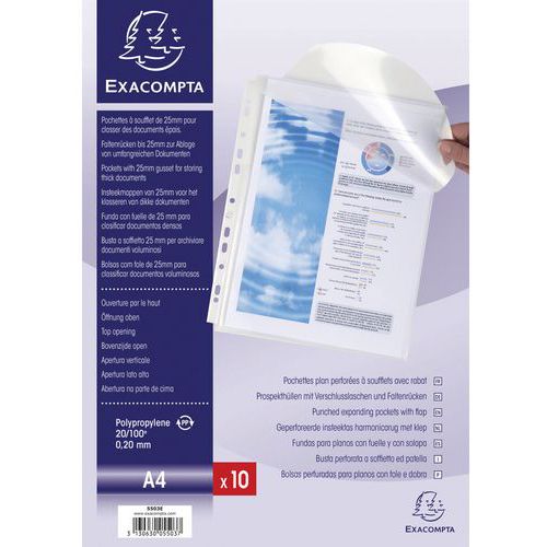Confezione da 10 buste a soffietto con lembo PP 20/100, A4,