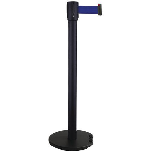 Paletto nero con nastro blu 5 m base con rotelle nera,