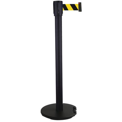 Paletto nero nastro giallo/nero 5m base con rotelle nera,