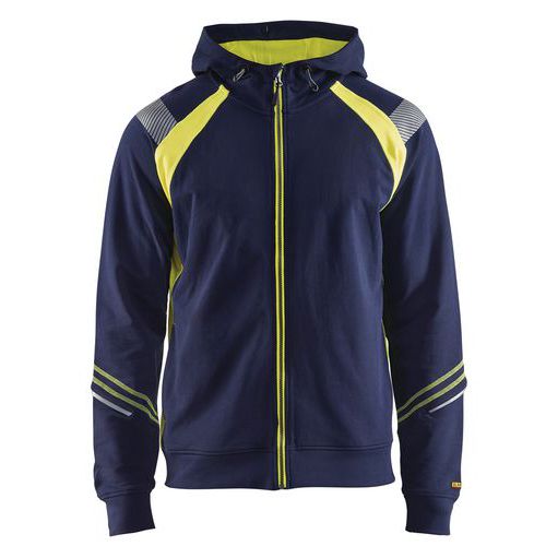 Felpa con cappuccio e zip color blu/giallo fluorescente XXL,