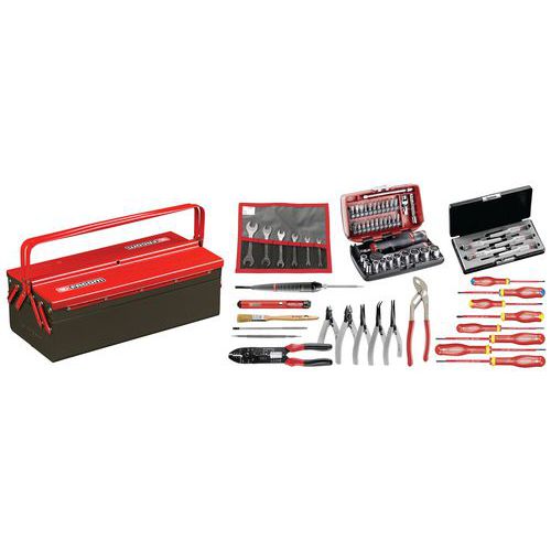 Selezione di 52 strumenti per elettricisti e cassetta degli attrezzi,