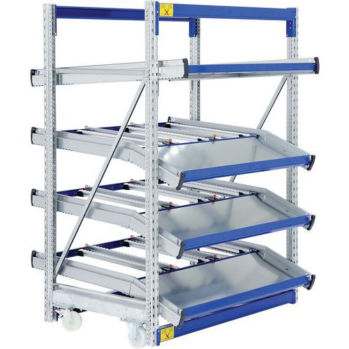 Scaffalatura mobile 2000x1470x1300, 4 ripiani, 3 inclinati,