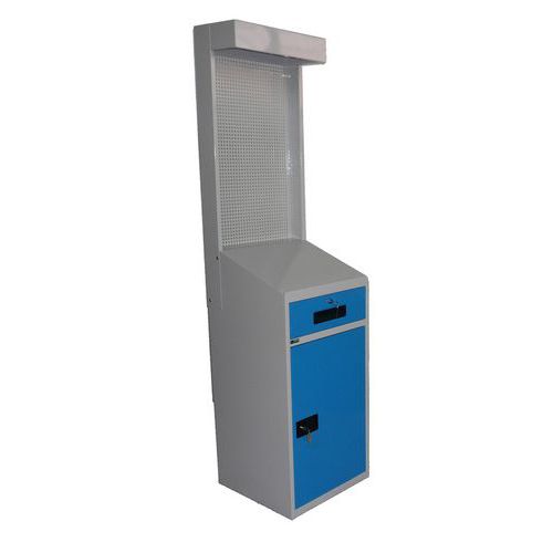 Scrivimpiedi-pastorale traforato-cassetto e anta con ripiano,