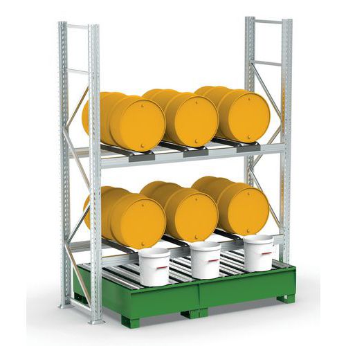 Scaffalatura 2 piani con vasca di raccolta per 6 fusti,