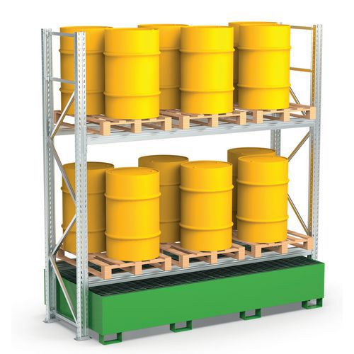 Scaffalatura 2 piani con vasca di raccolta per 16 fusti,