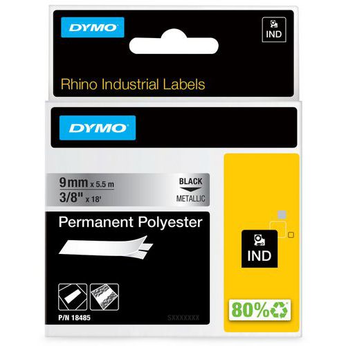 Nastro di etichette industriali Rhino nero su metallizz 9mm,