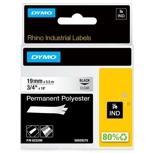 Nastro di etichette industriali Rhino nero su traspar 19mm,