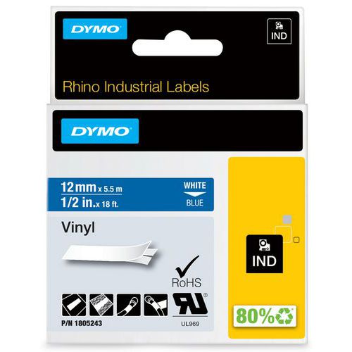 Nastro etichette industriali Rhino vinile bianco su blu 12mm,