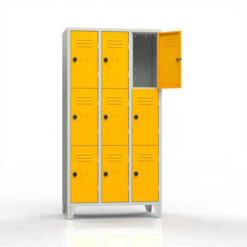 Armadio casellario 9 posti su piedi giallo lucchetto,