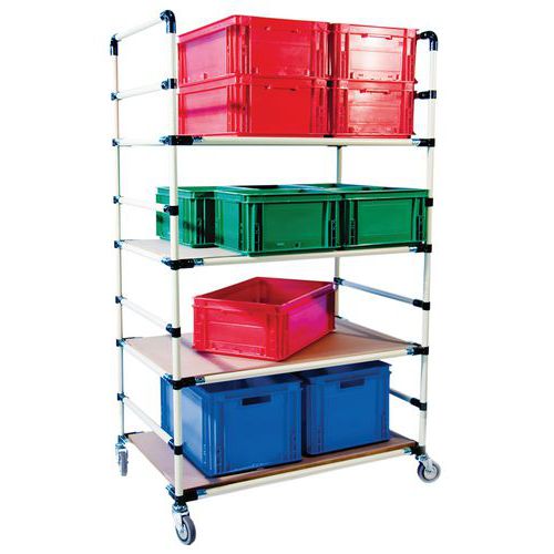 Carello con 4 ripiani in MDF e 4 ruote pivottanti L 1400 P 800 H 1800,