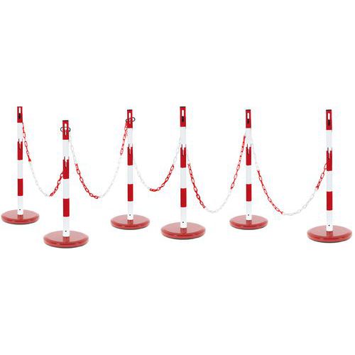 Kit di 6 paletti in acciaio con catena rosso/bianco 10m ,