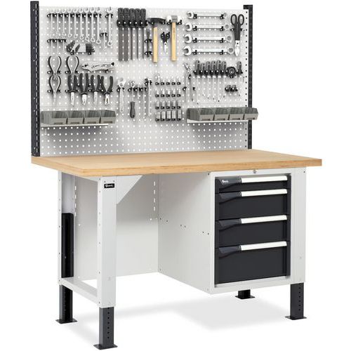 Banco da lavoro con pannello Master BR - 1500x750x1683/2058 mm - 4 cassetti,