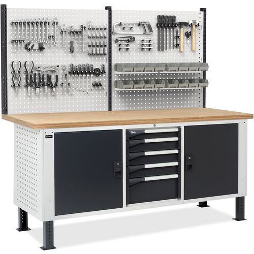 Banco da lavoro con pannello Master BR - 2000x750x1683/2058 mm - 2 sportelli,