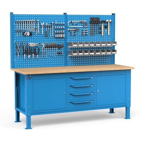 Banco da lavoro Work Up - 4 cassetti - 2 sportelli - Blu,