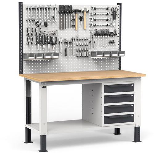 Banco da lavoro Work Up con pannello traforato - 4 cassetti - Antracite,