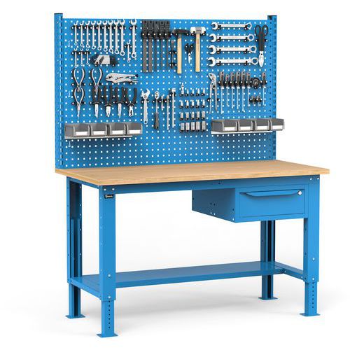 Banco da lavoro Work Up con pannello traforato - 1 cassetto - Blu,