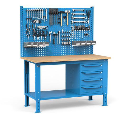 Banco da lavoro Work Up con pannello traforato - 4 cassetti - Blu,