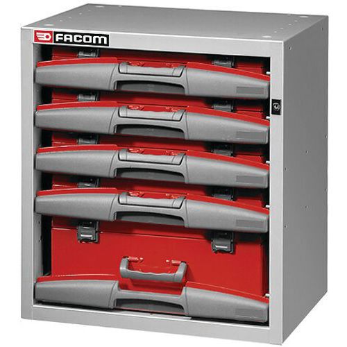 Cassettiera alta con 5 valigette da viaggio,