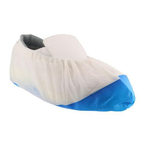 Sovracalza monouso in polietilene bianco e blu,