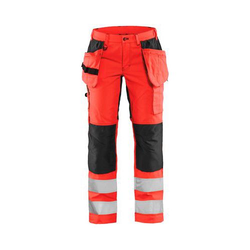 Pantaloni alta visibilità stretch donna rosso fluo/nero D23,